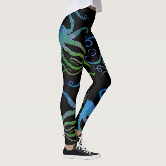 Octopus 6 Blauw/Groen op Zwart - Leggings (Rechts)