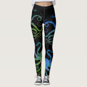 Octopus 6 Blauw/Groen op Zwart - Leggings (Voorkant)