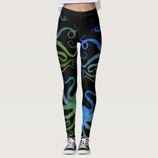 Octopus 6 Blauw/Groen op Zwart - Leggings (Voorkant)