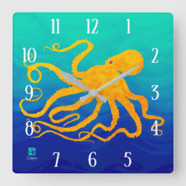 Octopus 6 geel op blauw groen - vierkante wandklok