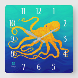 Octopus 6 geel op blauw groen - vierkante wandklok