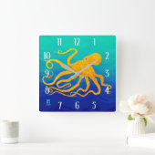 Octopus 6 geel op blauw groen - vierkante wandklok (Huis)