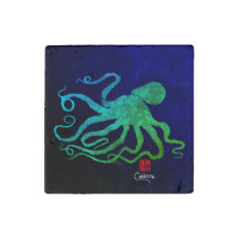 Octopus 6 groen op blauw - geprimed marmeren magne