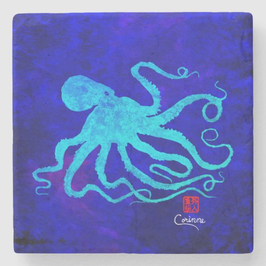 Octopus 6 op blauw - marmer Onderzetter (Voorkant)