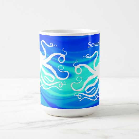 Octopus 6 op Blue Green, Seward - 15 oz. Mok (Center)