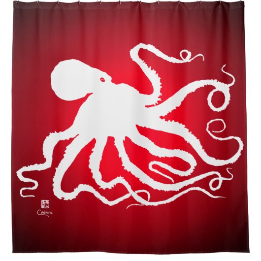 Octopus 6 op rood - het Gordijn van de douwer (Voorkant)