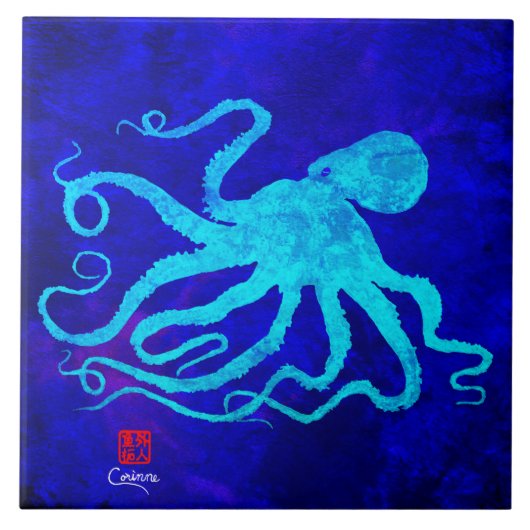 Octopus 6 R - Grote keramische Tegel Tegeltje (Voorkant)