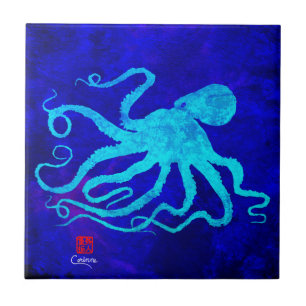 Octopus 6 R - Kleine keramische tegel Tegeltje