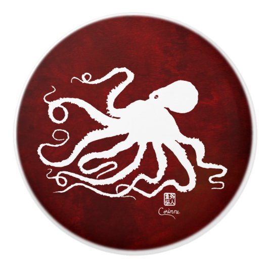 Octopus 6 White op rood r - Knob Keramische Knop (Voorkant)