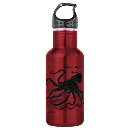 Octopus 6 zwart op rood - 18 oz. Waterfles (Voorkant)