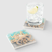 Octopus Algae Blauwgroen Waterverf Art Stenen Onderzetter (Zijkant)