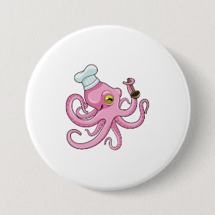 Octopus als Cook met Wooden lepel Ronde Button 7,6 Cm