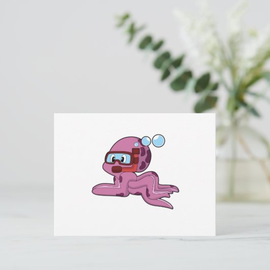 Octopus als duiker met snorkel briefkaart (Staand voorkant)