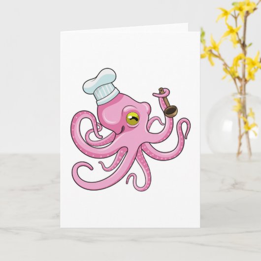 Octopus als kok met houten lepel kaart (Gele Bloem)