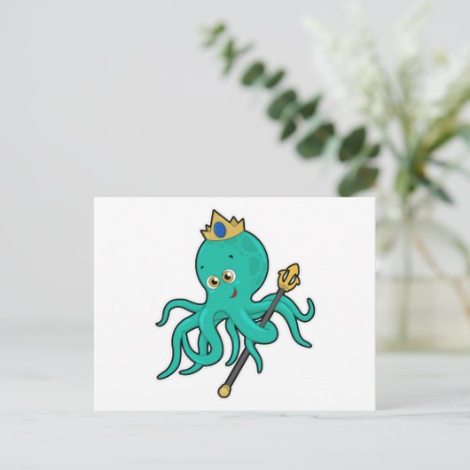 Octopus als Koning met Drietand Briefkaart (Staand voorkant)