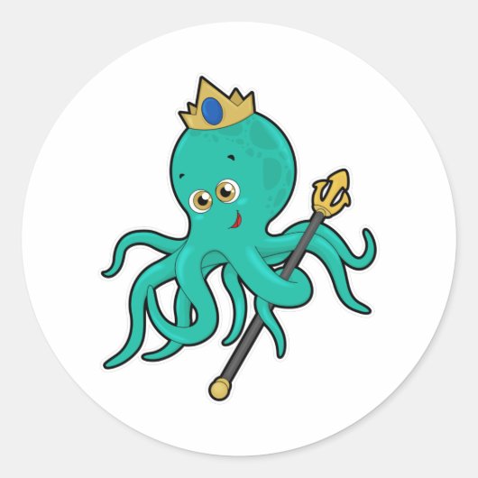 Octopus als Koning met Trident Ronde Sticker (Voorkant)
