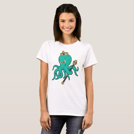 Octopus als Koning met Trident T-shirt (Voorkant volledig)