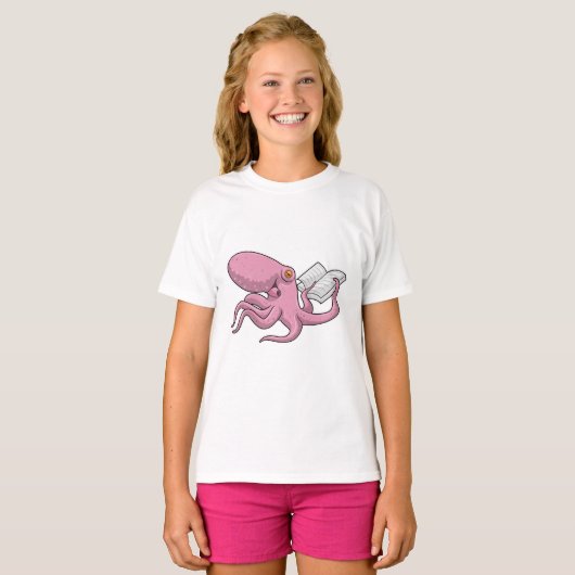 Octopus als Nerd met Boek T-shirt (Voorkant volledig)