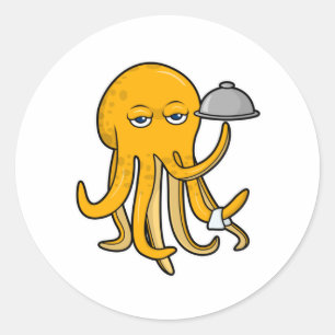 Octopus als Ober met handdoek Ronde Sticker