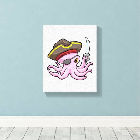 Octopus als Piraat met Saber & Eye patch Canvas Afdruk (Insitu (Houten vloer))