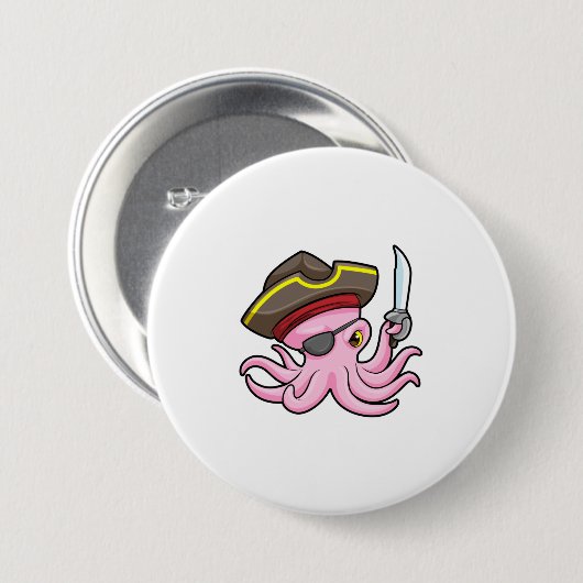 Octopus als Piraat met Saber & Eye patch Ronde Button 7,6 Cm (Voorkant /achterkant)