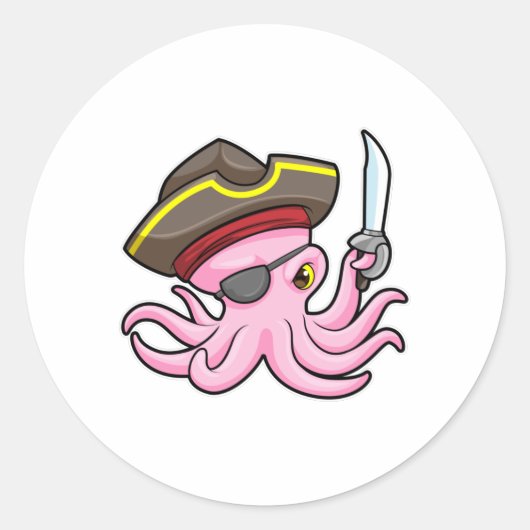 Octopus als Piraat met Saber & Eye patch Ronde Sticker (Voorkant)