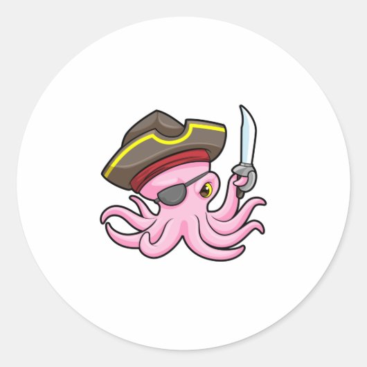 Octopus als Piraat met Saber & Eye patch Ronde Sticker (Voorkant)
