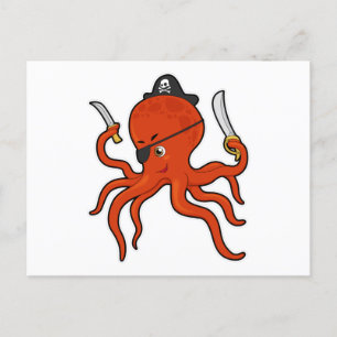 Octopus als piraat met zwaard en mes briefkaart