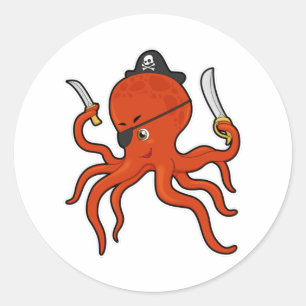 Octopus als piraat met zwaard en mes ronde sticker