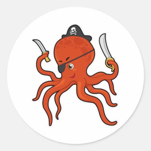 Octopus als piraat met zwaard en mes ronde sticker (Voorkant)