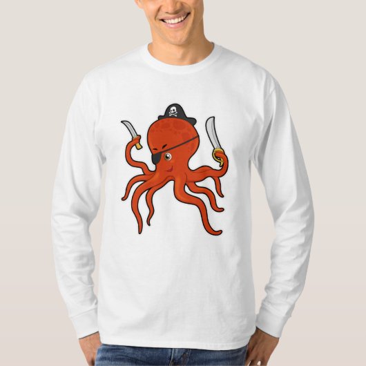 Octopus als piraat met zwaard en mes t-shirt (Voorkant)