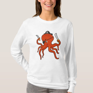 Octopus als piraat met zwaard en mes t-shirt
