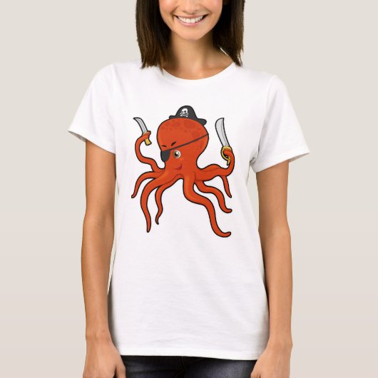 Octopus als piraat met zwaard en mes t-shirt (Voorkant)
