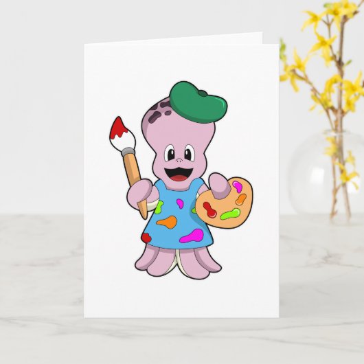 Octopus als Schilder met Schilderkwast Kaart (Gele Bloem)
