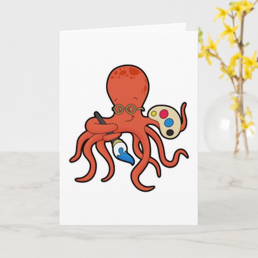 Octopus als schilder met verf en kwast kaart (Gele Bloem)