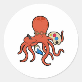 Octopus als schilder met verf en penseel ronde sticker