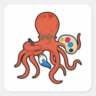 Octopus als schilder met verf en penseel vierkante sticker
