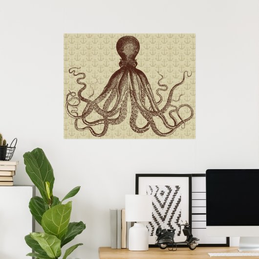 Octopus Anchors Lord Bodner Bruin Nautical Poster (Thuiskantoor)