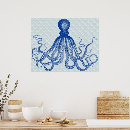 Octopus Anchors Lord Bodner  Nautical Blue Poster (Keuken)