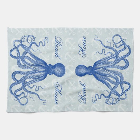 Octopus ankers  blauw gepersonaliseerd strand theedoek (Horizontaal)