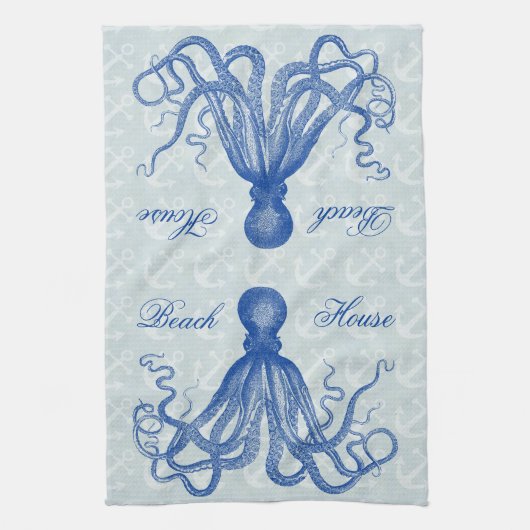 Octopus ankers blauw gepersonaliseerd strand theedoek (Verticaal)