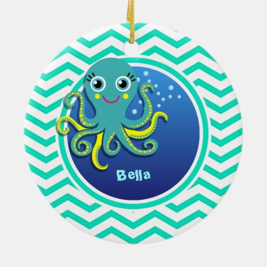 Octopus; Aqua Green Chevron Keramisch Ornament (Achterkant)
