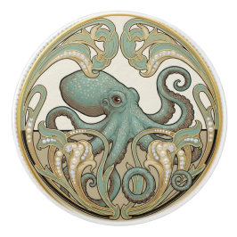Octopus Aqua Green Cream & Gold Art Deco Nouveau Keramische Knop