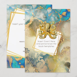 Octopus aquarel goud blauw bruin maritiem kaart