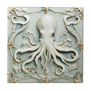 Octopus Art Nouveau Faux Relief Antiek Mint Tegeltje
