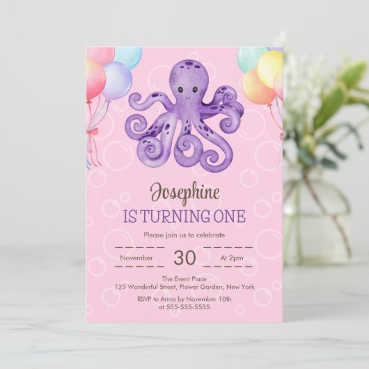 Octopus Ballon Bubble Pink Kids Verjaardag Kaart (Staand voorkant)