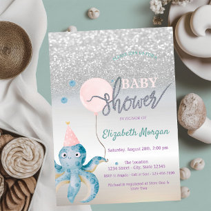 Octopus Ballon Zilver Bokeh Baby Shower Kaart