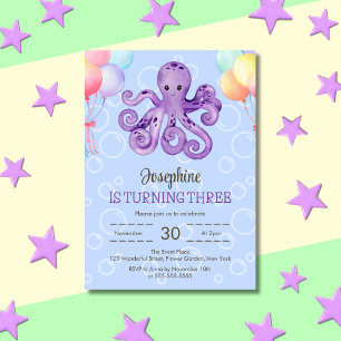 Octopus Balloon Bubble Blue Kids Verjaardag Kaart
