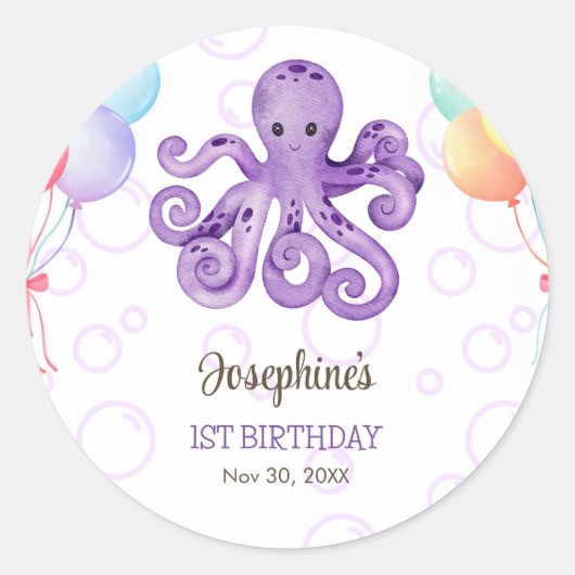 Octopus Balloon Paarse Bubble Kids Verjaardag Ronde Sticker (Voorkant)