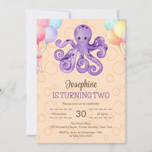 Octopus Balloon Peach Bubble Kids Verjaardag Kaart (Voorkant)